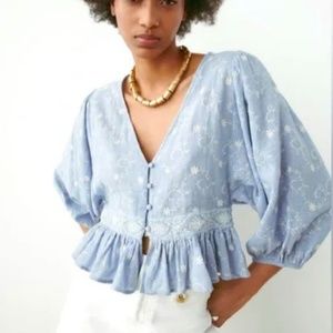 NWT Zara Linen Blouse with Contrast Embroidery